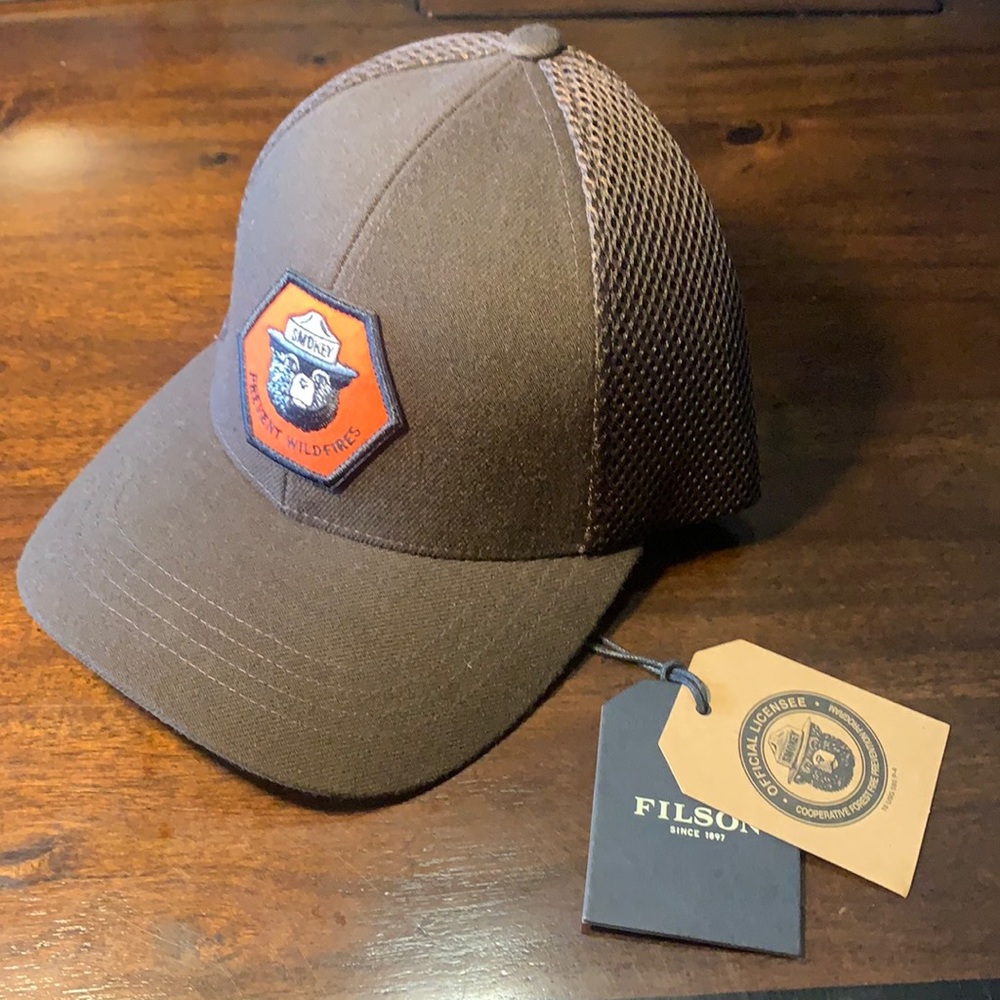 C.C. Filson Smokey Bear Mesh Logger Cap, Filson Hat, Dark Brown